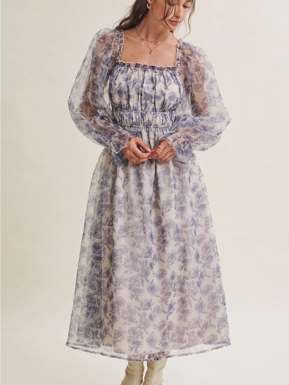 Square-Neck Long-Sleeve Floral Midi Dress in Lavender Print